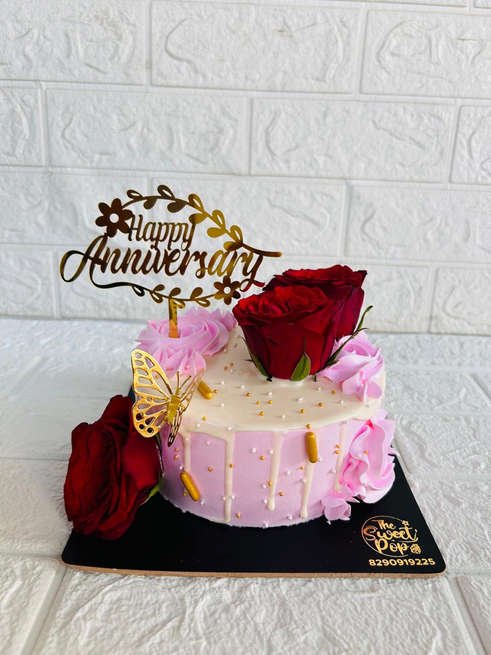 Elegant Happy Anniversary Pink Rose Cake