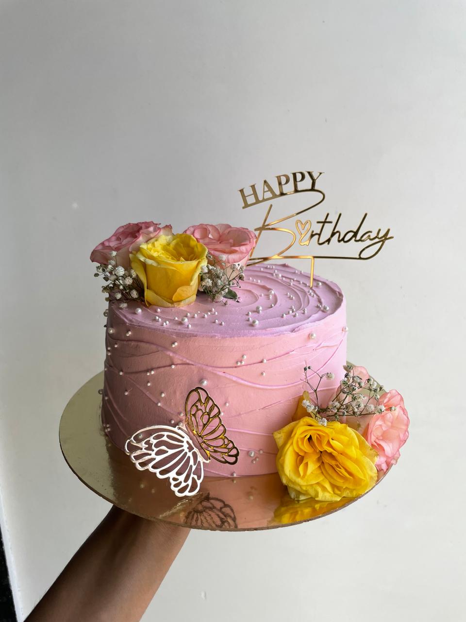 Pink & Yellow Rose Birthday Cake